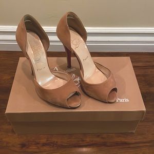 Christian Louboutin Tan suede peep toe high heel shoes